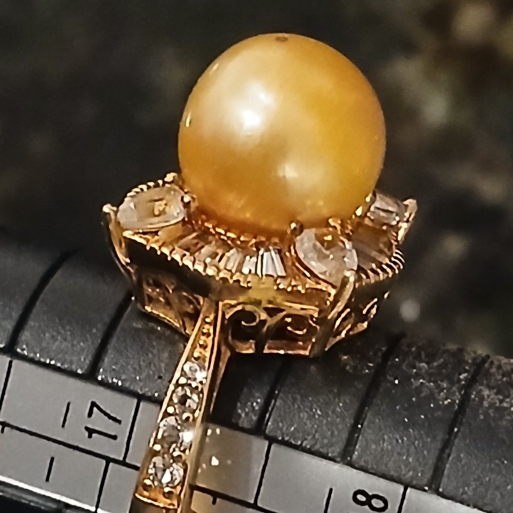 Golden Pearl Halo Ring with Clear Accents